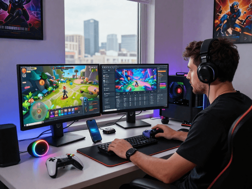 Eksena ng gamer sa bd188 na may dual-monitor setup at gaming peripherals.