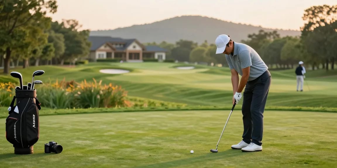 Putt Perfection di https://puttperfection.com/putter-reviews: golfer fokus menggunakan putter di lapangan golf yang indah.