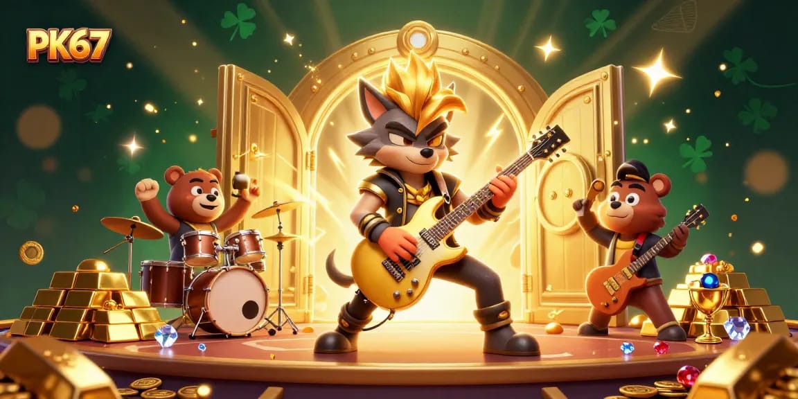 Rock star wolf performs on stage at PK67 casino with vibrant treasures and dramatic effects.