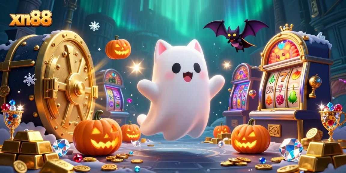 Immerse in xn88 slots with a ghost cat in a haunted casino scene, featuring vibrant treasures and spooky elements.