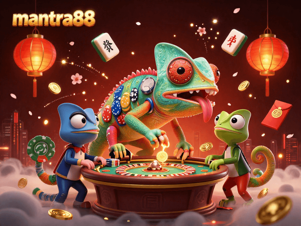 Play exciting games at mantra88 featuring a colorful chameleon casino owner amidst dynamic gaming elements.