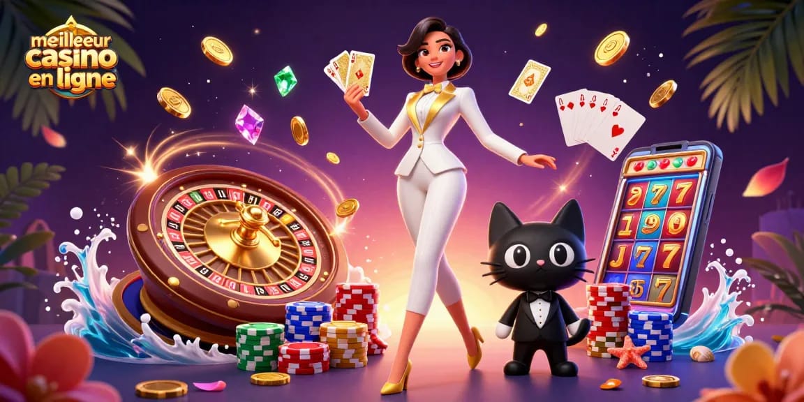 Gagnez gros au meilleur casino en ligne avec une scène glamour présentant une femme mélangeant des cartes dorées aux côtés d'un chat stylé.