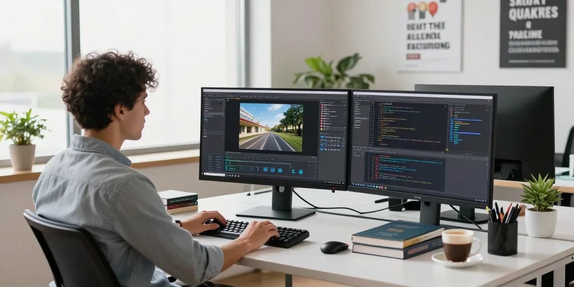 Developer using 截图工具 in a modern workspace with multiple monitors and coding setup.
