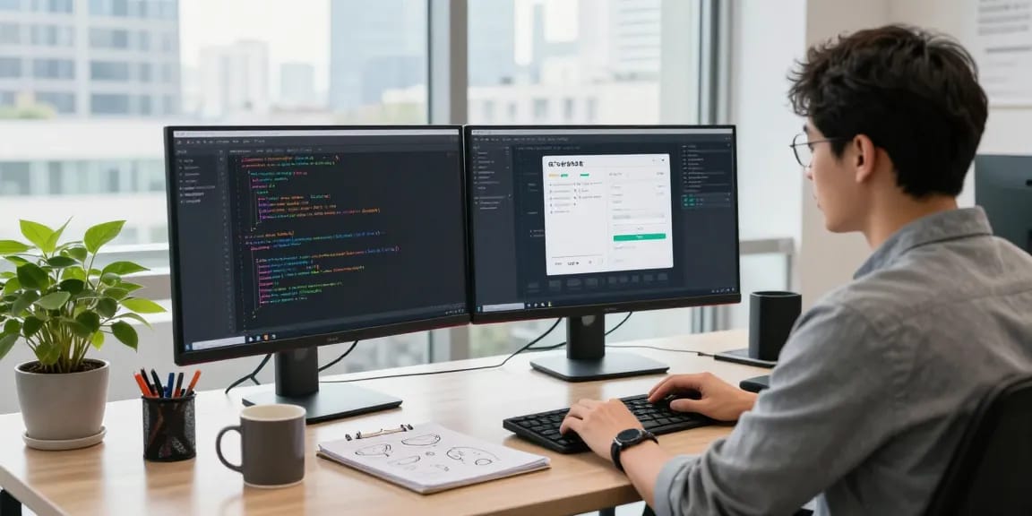 Developer coding 纸飞机中文版 in a modern office workspace with dual monitors and city view.