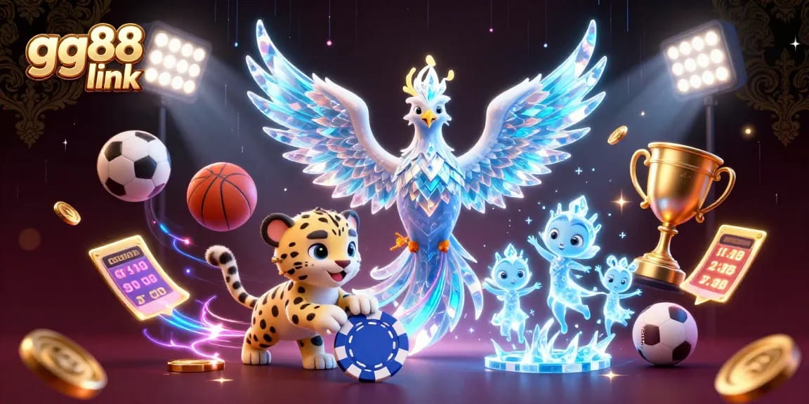 Engage with the magic of the gg88 link through a vibrant 3D casino illustration showcasing an ice phoenix and sports elements.