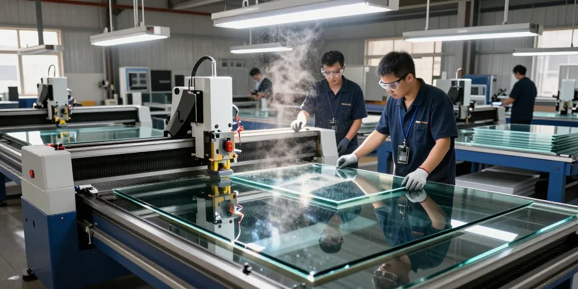 Technicians using advanced glass cutting table machines in a modern workshop.
