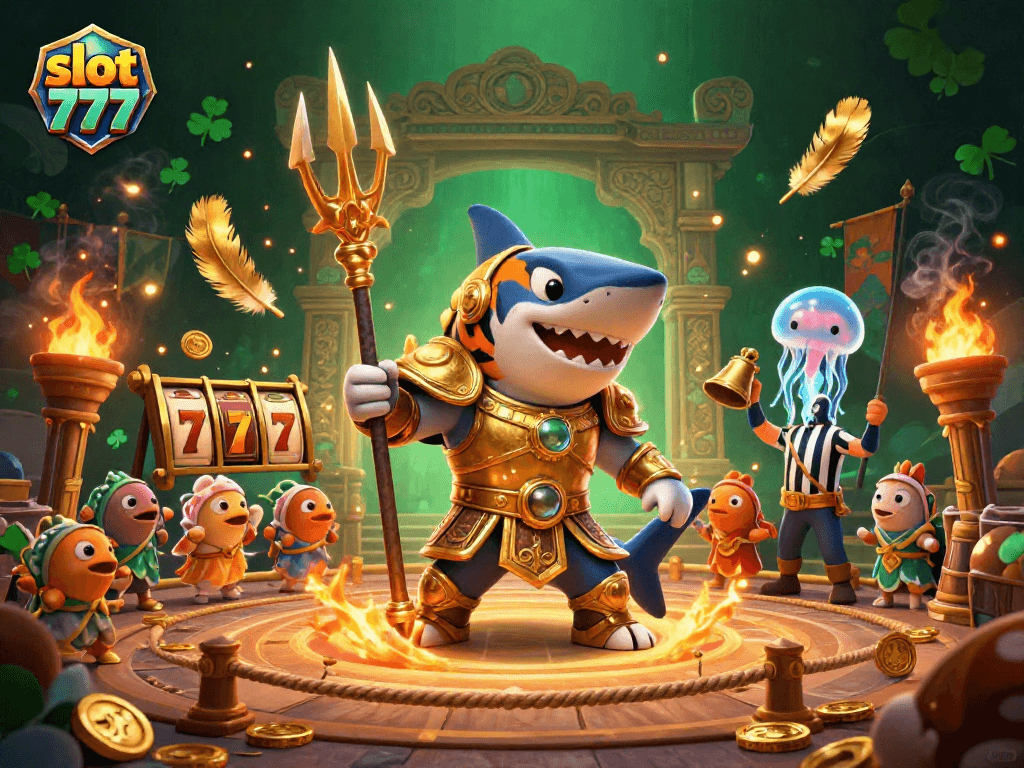 Engage with slot 777 as a tiger shark in gladiator armor battles in an underwater colosseum.