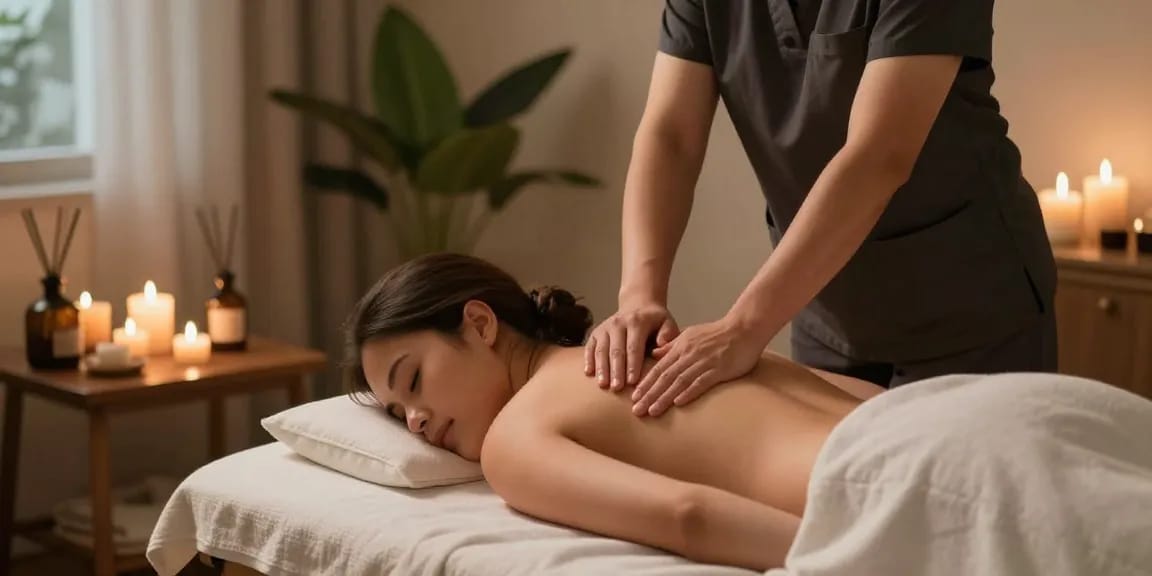 분당출장안마을 위한 아늑한 마사지 치료 장면, 편안한 분위기와 자연적인 요소들로 구성되어 있습니다.