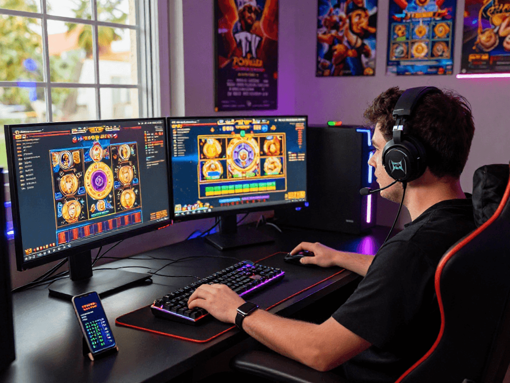 Engaged player at bandar slot gacor gaming setup highlighting vibrant slot games and advanced gaming accessories.
