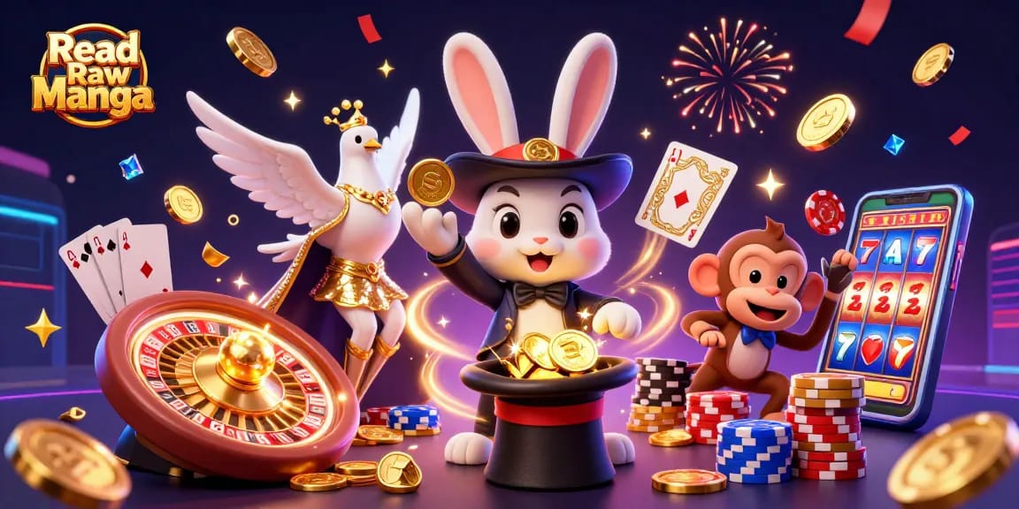 Experience the magic of Read Raw Manga in this vibrant casino-themed illustration with dazzling characters and elements.