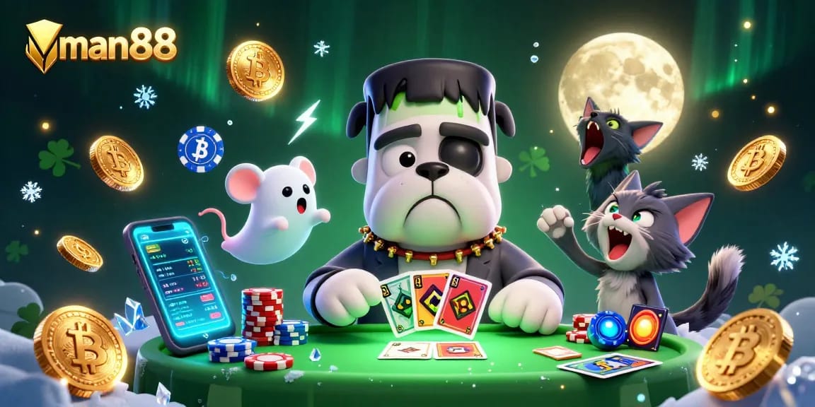 Engage with man88 while winning cards dealt by a Frankenstein bulldog in a vibrant casino scene.