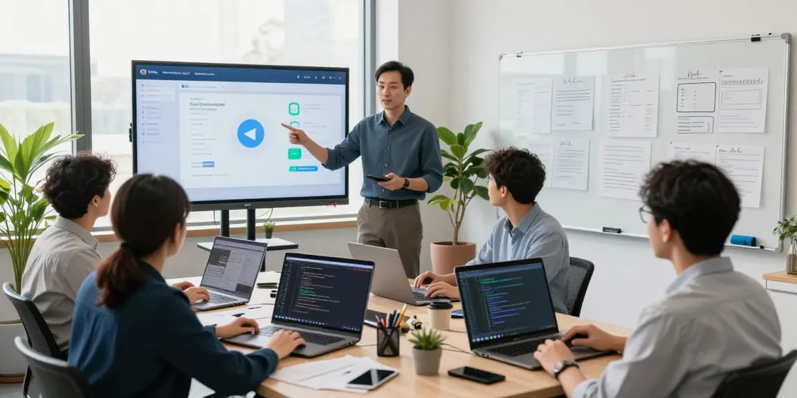 Collaboration on telegram chinese help center at modern office with diverse team engaged in project.