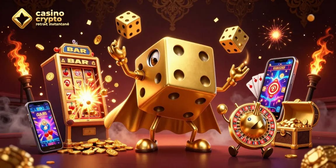 Jouez au casino crypto retrait instantané avec une illustration 3D dynamique et colorée mettant en scène des dés dorés.
