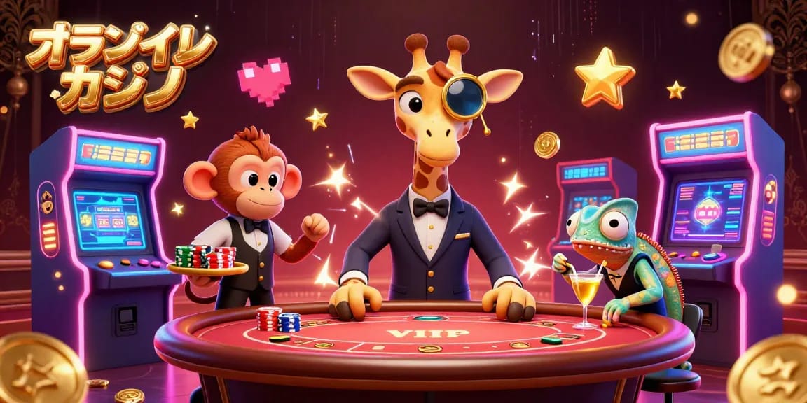 オンラインカジノのギラギラしたアートで、魅力的なキャラクターたちがゲームで勝利を目指す情景を描いています。