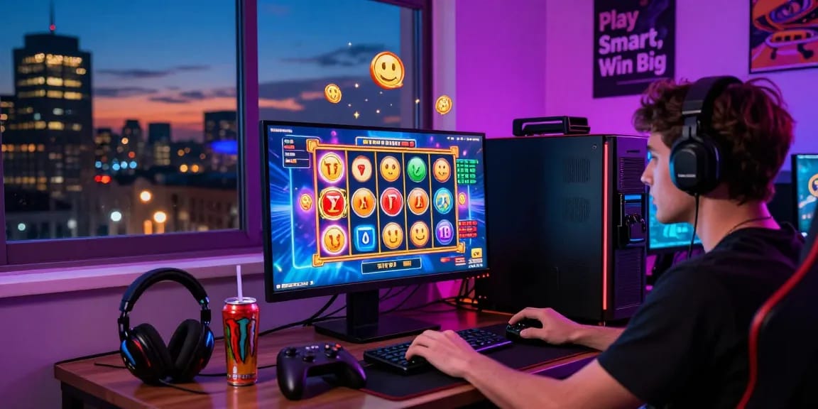 Engaged player focusing on bonus cashback slot gameplay amidst a vibrant online gaming atmosphere with colorful graphics and accessories.