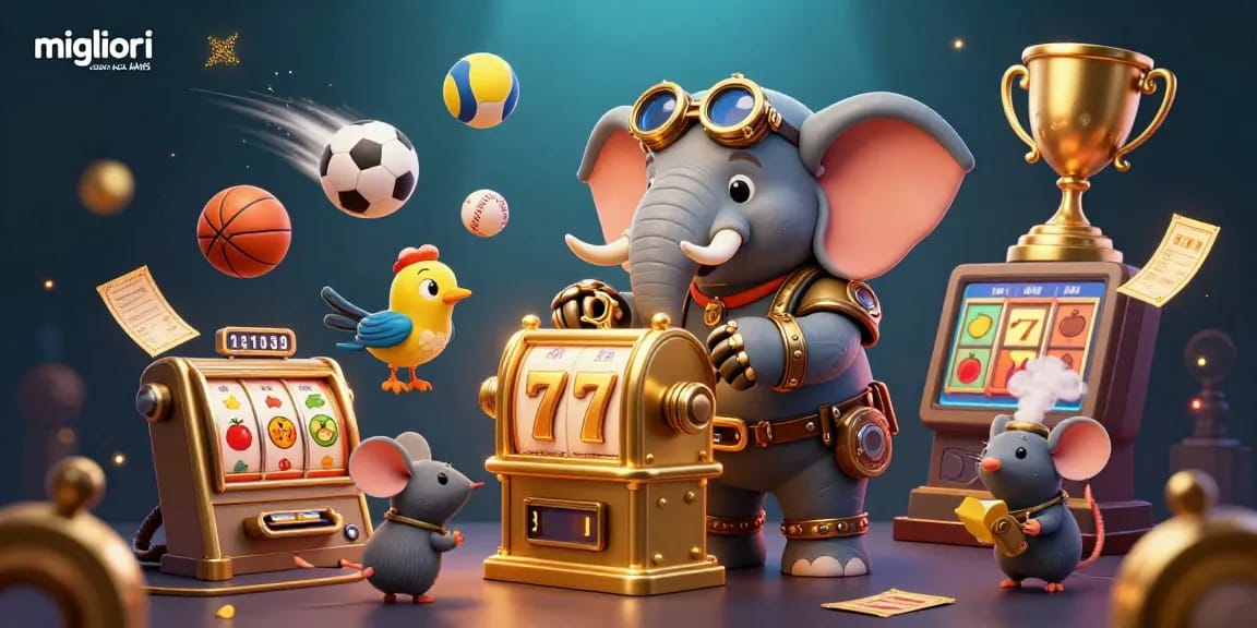 Interagisci con la scena dei migliori casino non AAMS che presenta un elefante steampunk e slot machine dorate in 3D.