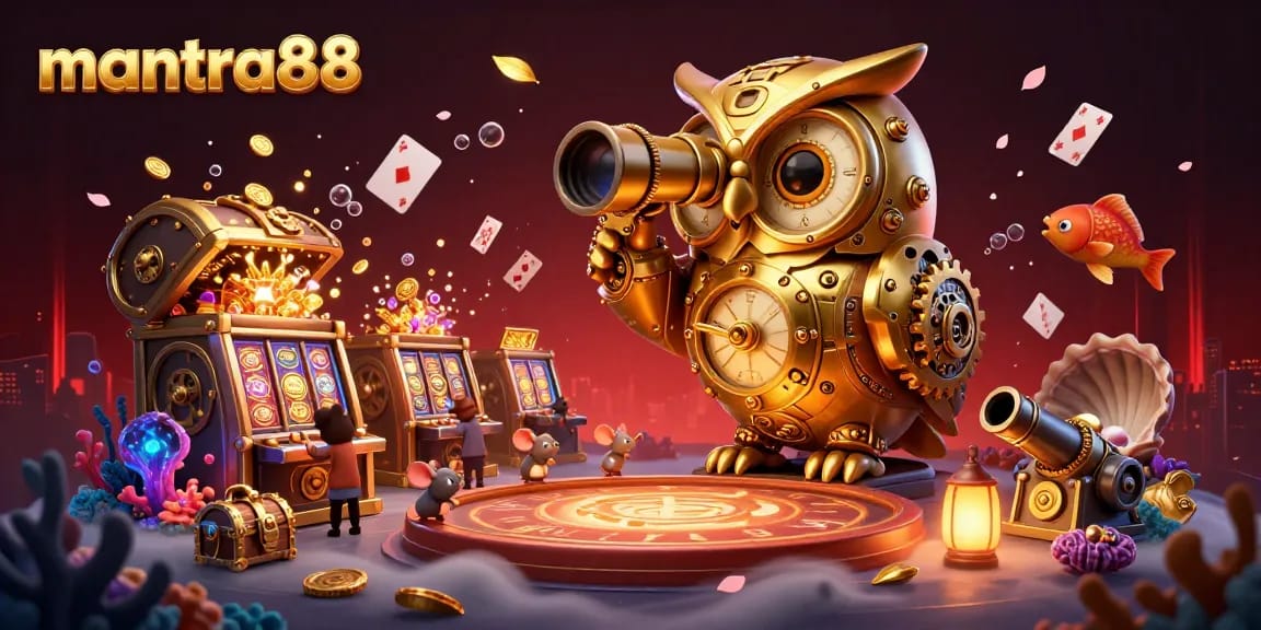 Experience excitement at mantra88 where a whimsical golden owl surveys a bustling casino filled with treasures.
