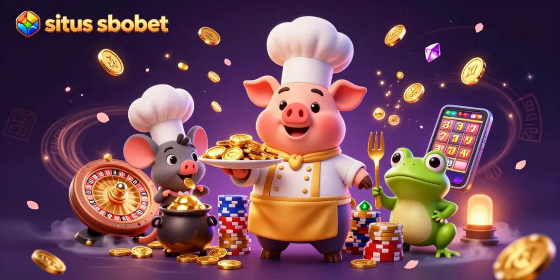 Bet on situs sbobet with a vibrant scene of a pig chef serving gold coins, enriched with casino elements.