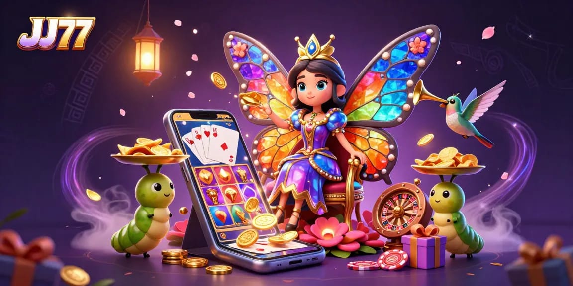 Experience the enchanting JJ77 casino world with a butterfly queen amid vibrant gaming elements.