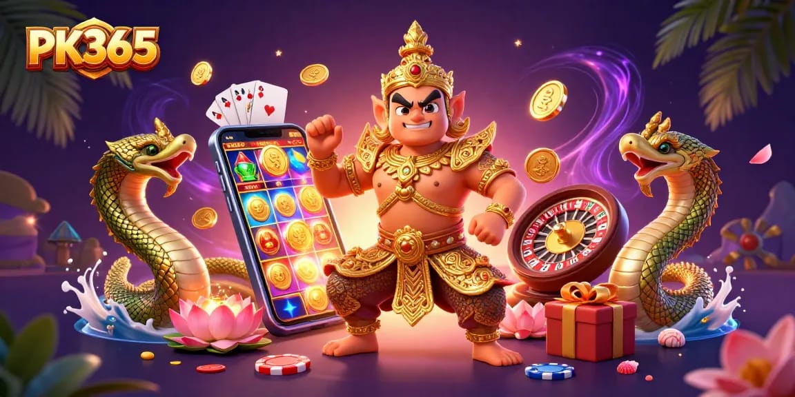 PK365 players enjoying vibrant slots and casino games in a dynamic, richly detailed scene