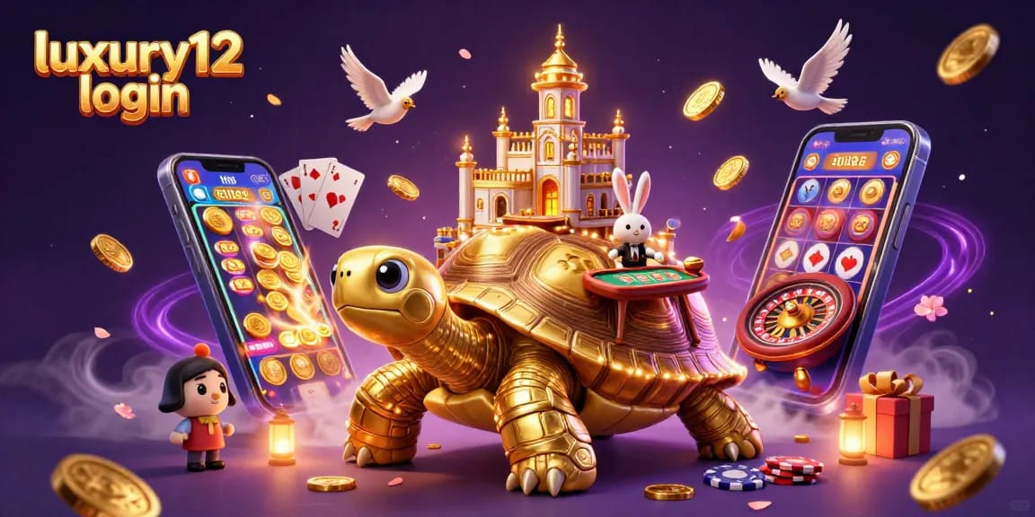 Experience the excitement of luxury12 login with vibrant casino elements and a lively scene featuring a golden tortoise.