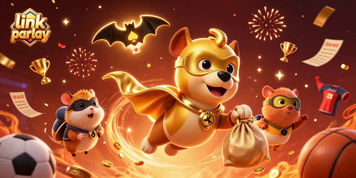 Engage with link parlay betting strategies showcasing a superhero dog and hamster in a festive sports scene.