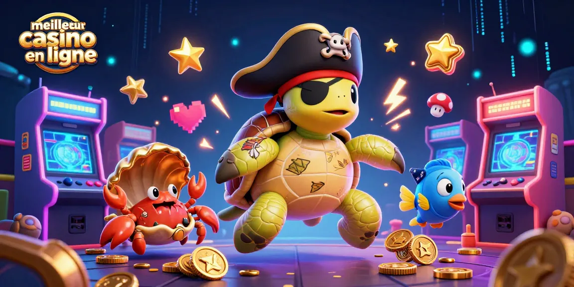 Découvrez le meilleur casino en ligne avec cette illustration captivante dévoilant une tortue pirate et un crabe hermite.