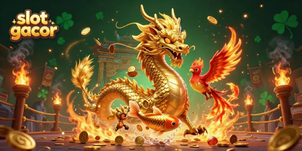 Experience the allure of slot gacor with a powerful dragon, phoenix, and koi fish amid golden chaos.