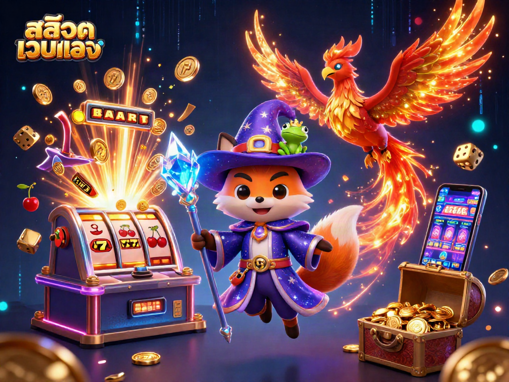 Experience the thrill of สล็อตเว็บตรง with a 3D wizard fox and phoenix amidst jackpot excitement.