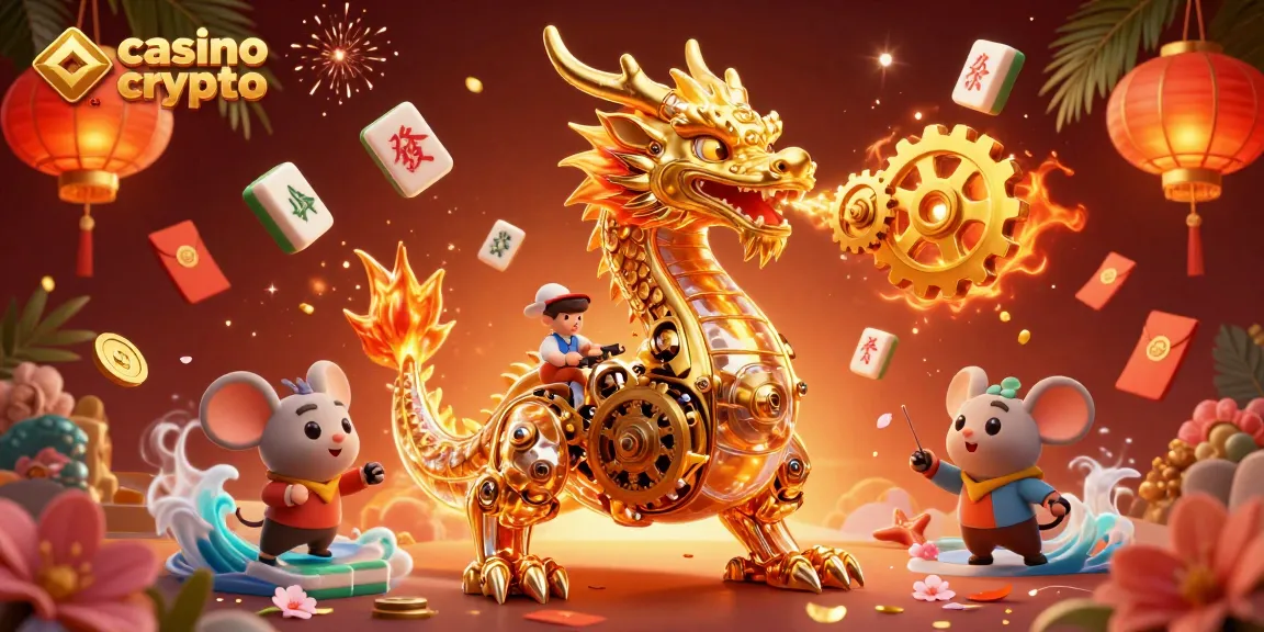 Célébrez votre victoire au casino en crypto avec une illustration riche en détails, mettant en scène un dragon extraordinaire et des éléments de jeu vibrants.