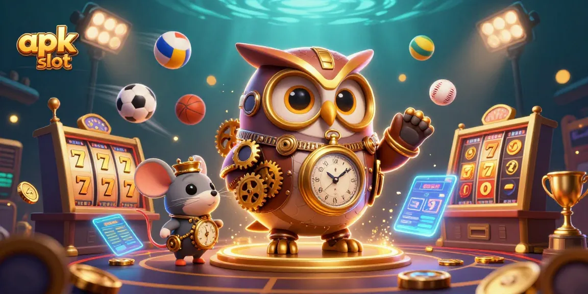 Spin to win at apk slot with steampunk owl and thrilling casino elements in a vibrant scene.