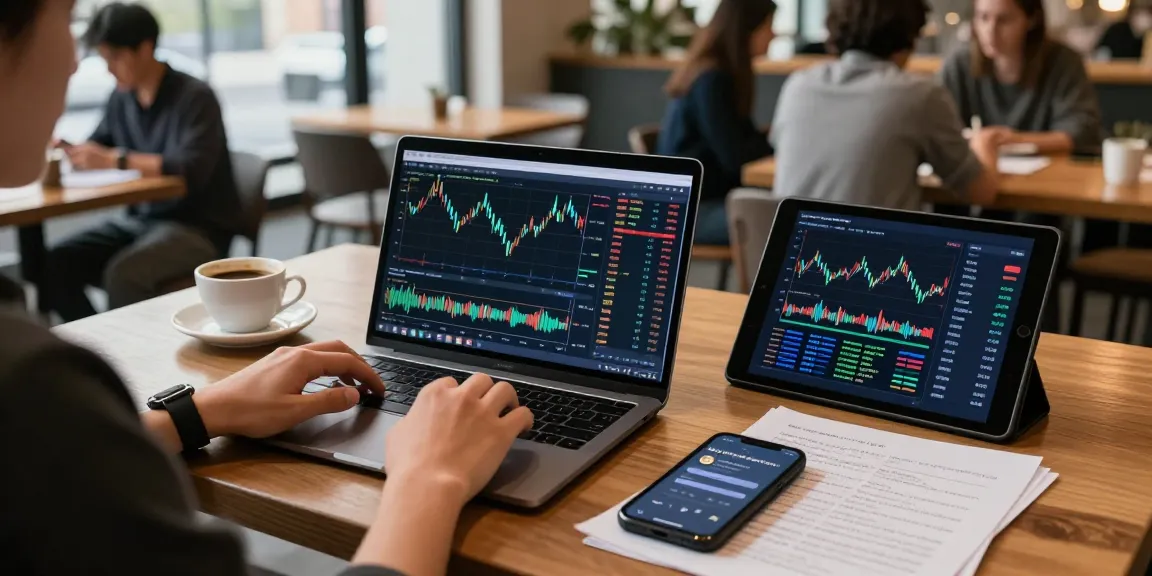 Cricbet99 trading setup in a coffee shop with crypto charts and DeFi dashboard on a laptop showing market analytics.