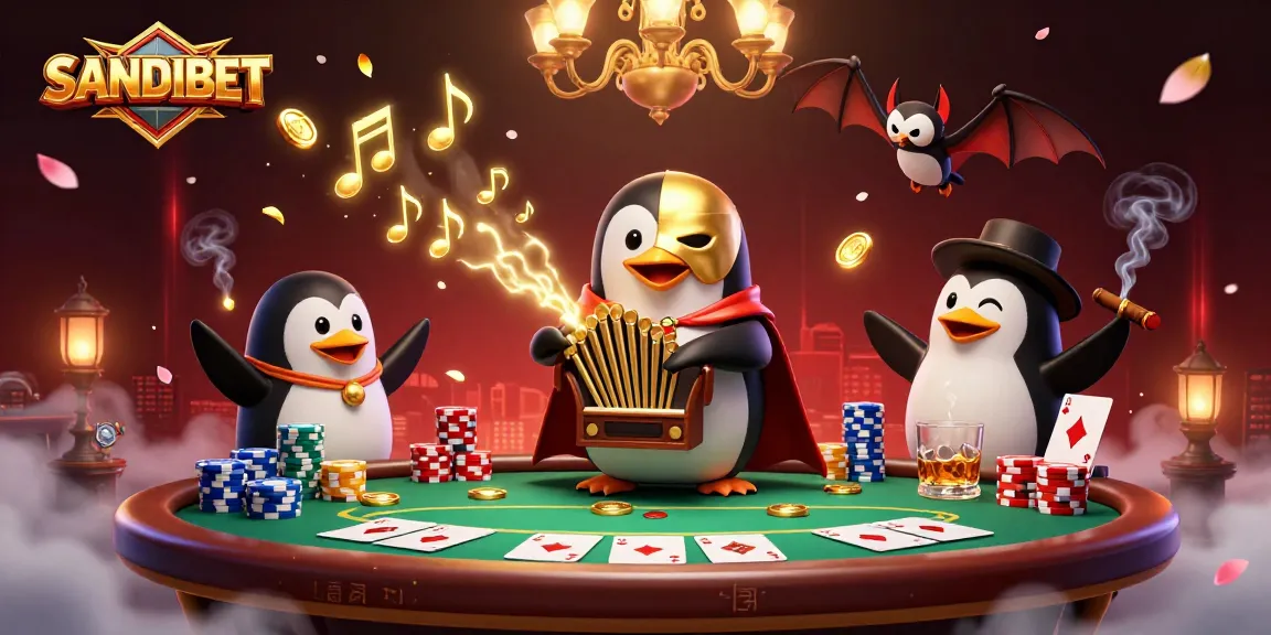 SANDIBET's thrilling gaming experience, featuring a penguin playing organ with coins, poker elements, and rich casino ambiance.