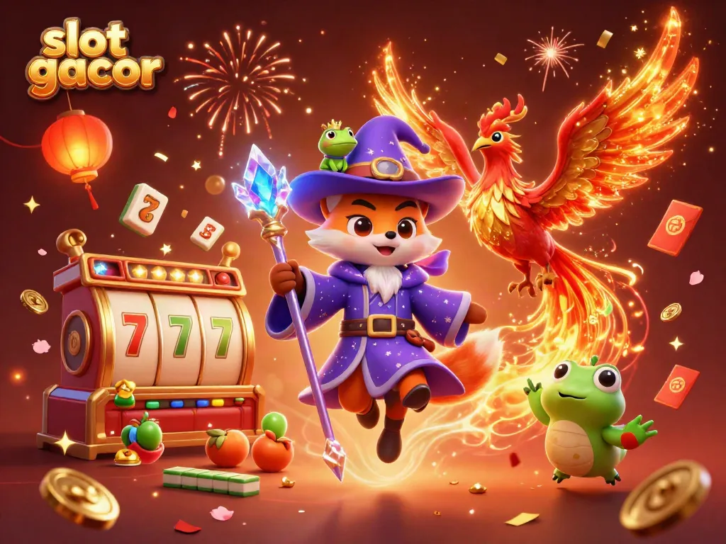 Experience thrilling slot gacor magic with a mystical wizard fox, phoenix, and vibrant game elements.