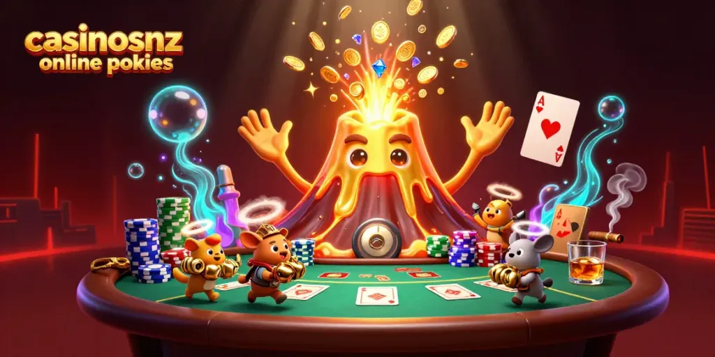 Experience the thrill of casinosnz online pokies with this dynamic scene featuring a victorious volcano and treasure-filled explorers.