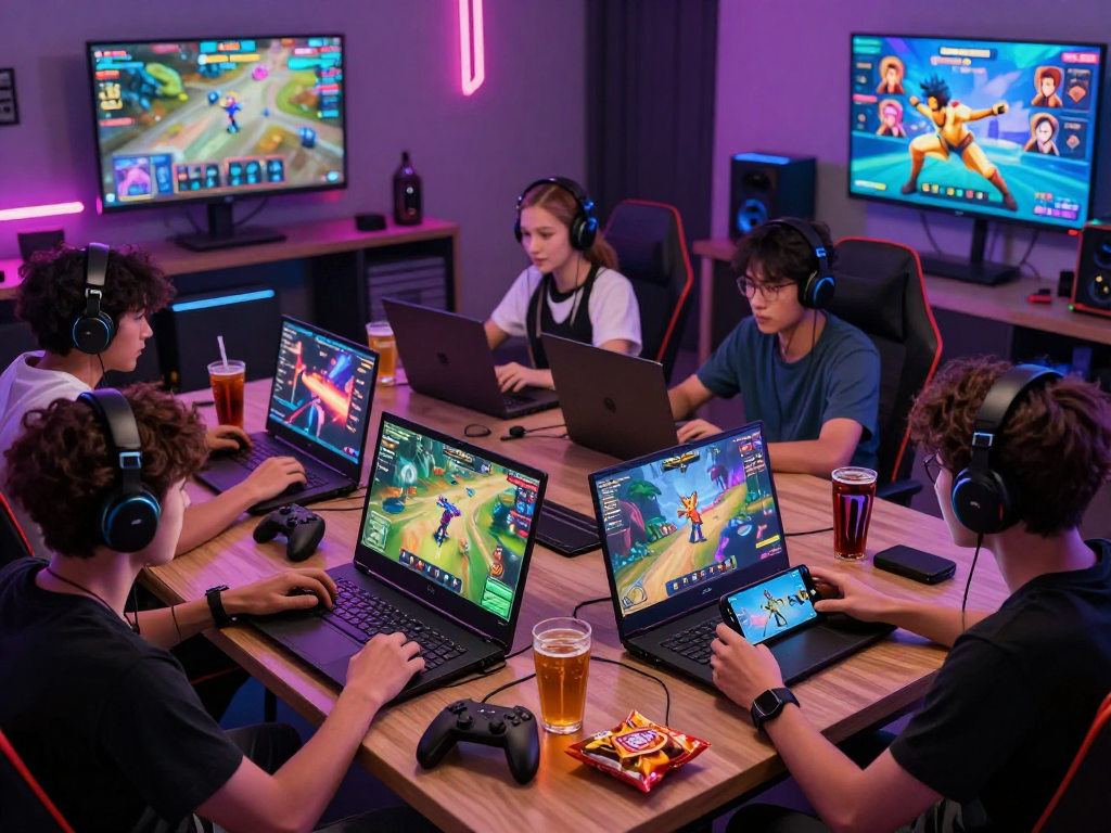 Multiplayer online porngames scene with animated characters on devices and vibrant graphics.