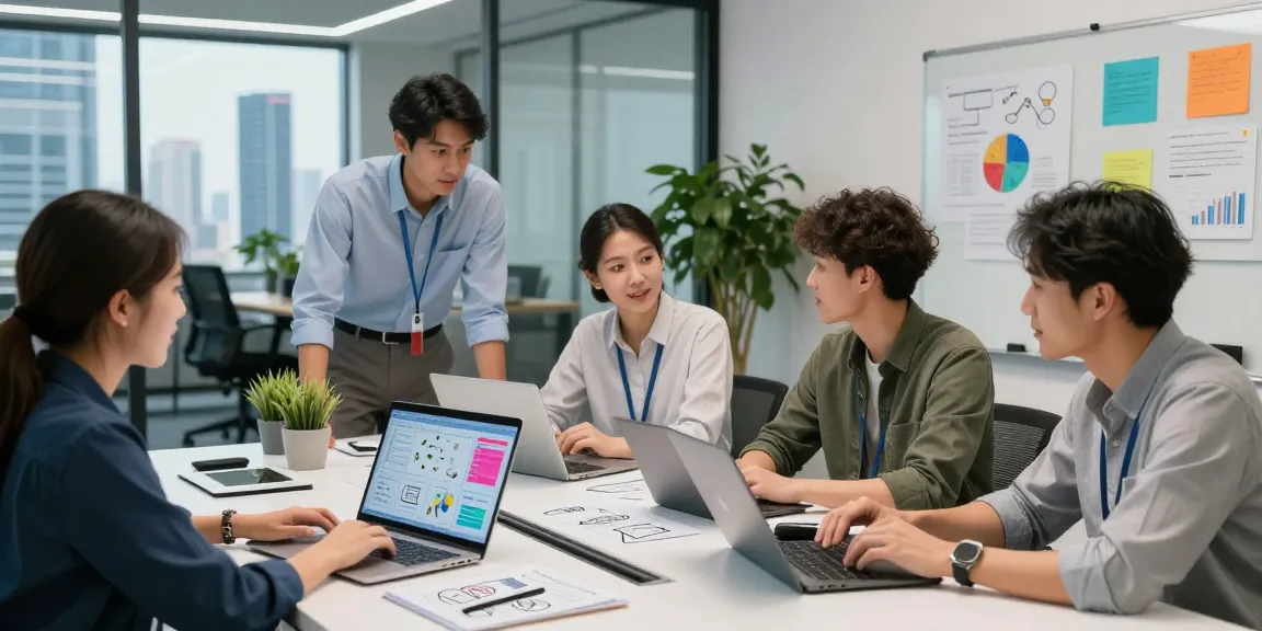 Collaborative team discussing NAGA2000 strategy in a modern office