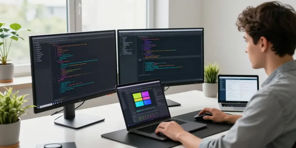 Developer coding in an innovative workspace at h5.2113.net, showcasing dual monitors and a collaborative environment.