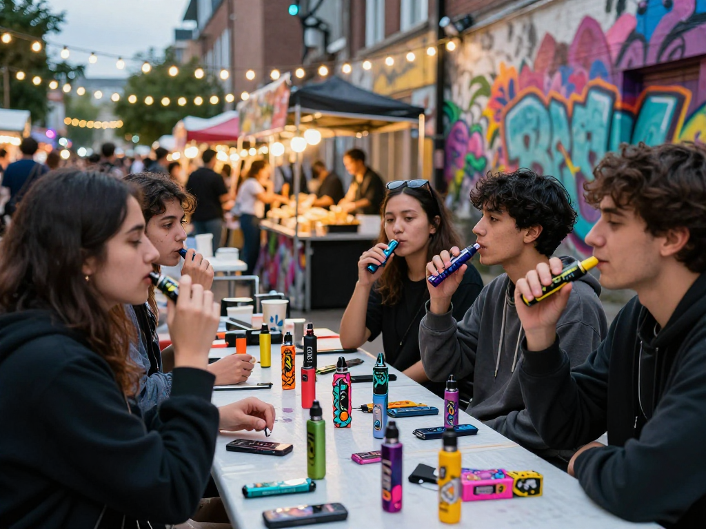 Friends sharing experiences with rokok 88 vaping products at vibrant street market.