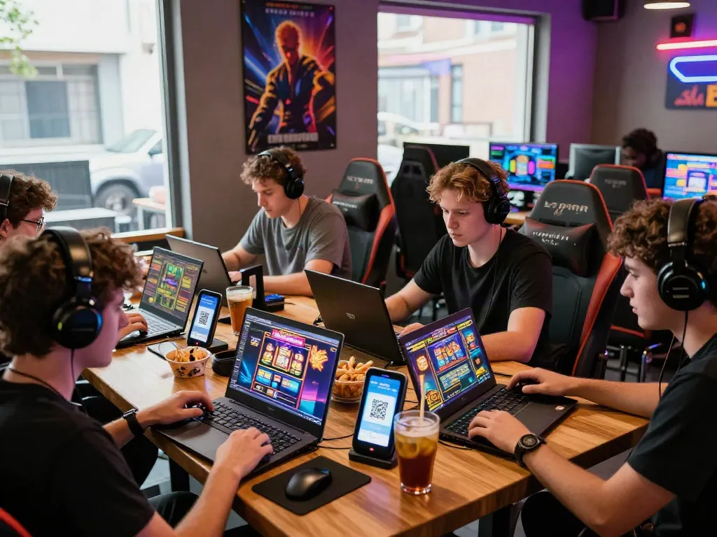 Engaged players enjoying slot gacor hari ini in a vibrant gaming cafe, showcasing QRIS deposit convenience.