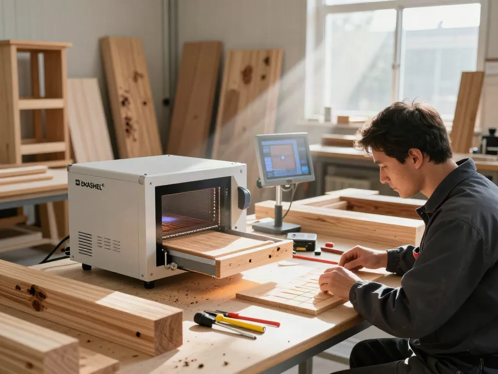SHASHEL® technician using microwave equipment to eliminate wood-boring insects in a professional workshop.