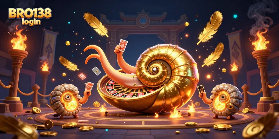 Experience the thrill of BRO138 login with a vibrant 3D casino illustration featuring an ancient nautilus roulette and glowing companions.