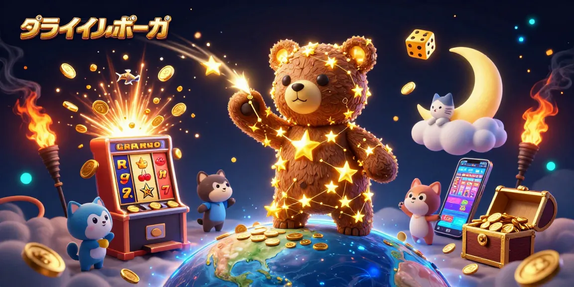 オンラインポーカーで遊び、星のクマがコインを集めるシーンを描いたイラスト。