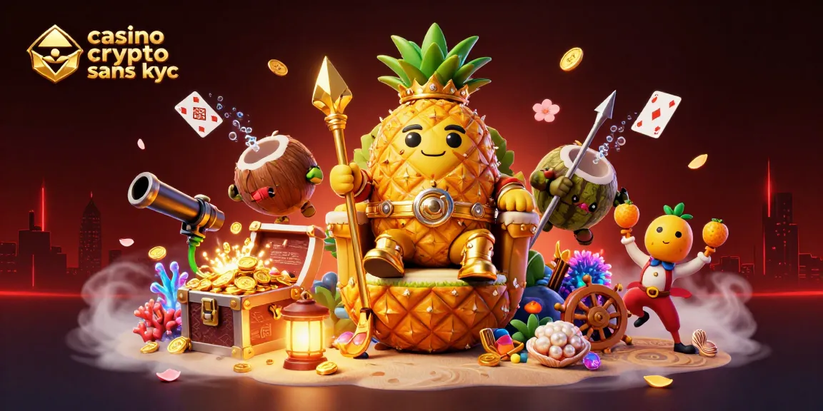 Plongez dans l'univers des jeux avec le casino crypto sans KYC, où le roi ananas en 3D règne sur une scène colorée.
