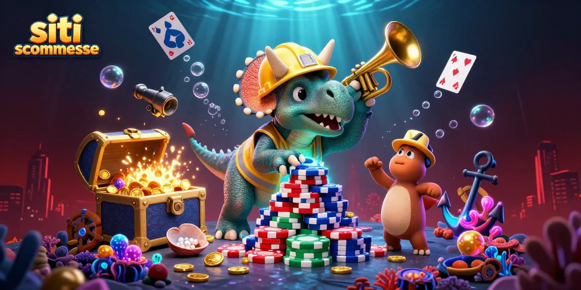 Siti scommesse: triceratopo che costruisce torri di poker chips con celebrazioni festose