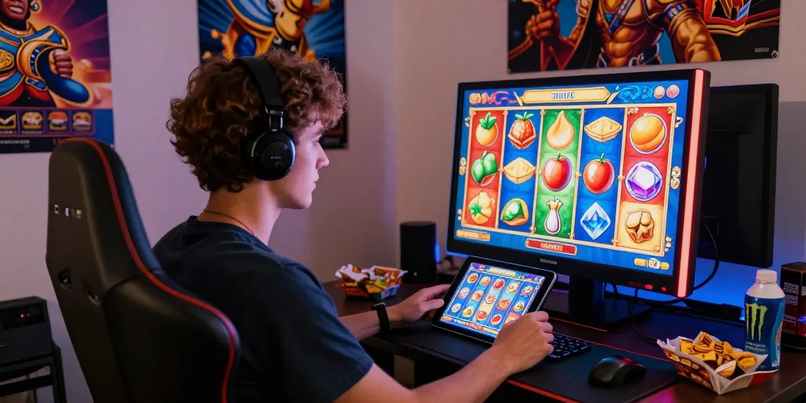 Engaged player spinning a digital slot on a bright tablet, vibrant colors and gaming atmosphere.