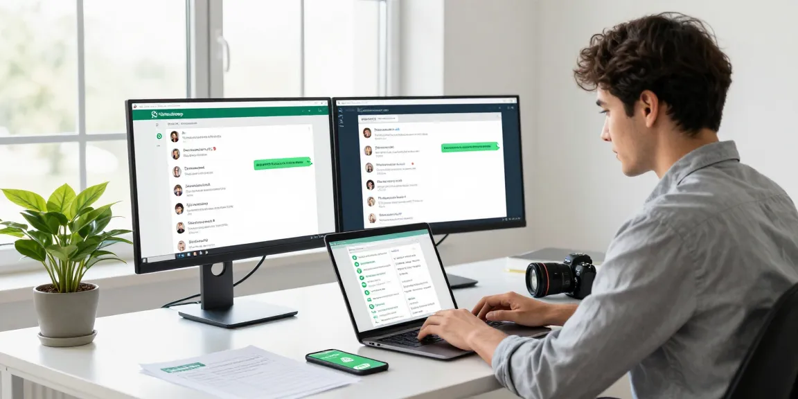 Using WhatsApp網頁版 on a laptop in a modern workspace.