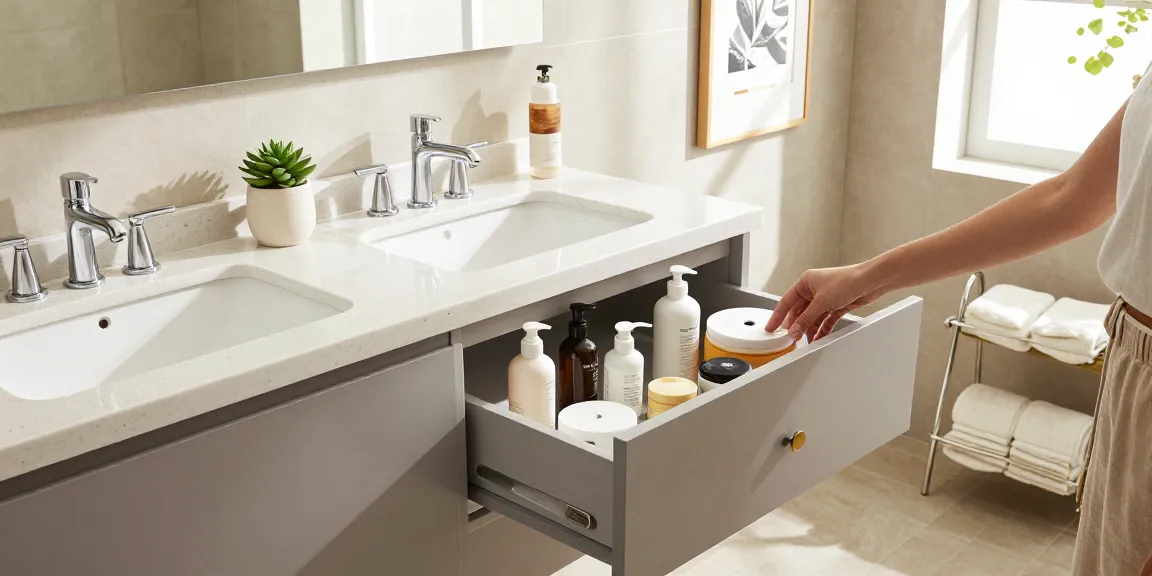 Elegant bathroom vanity with double sinks and quartz countertop, featuring spa-like arrangement.