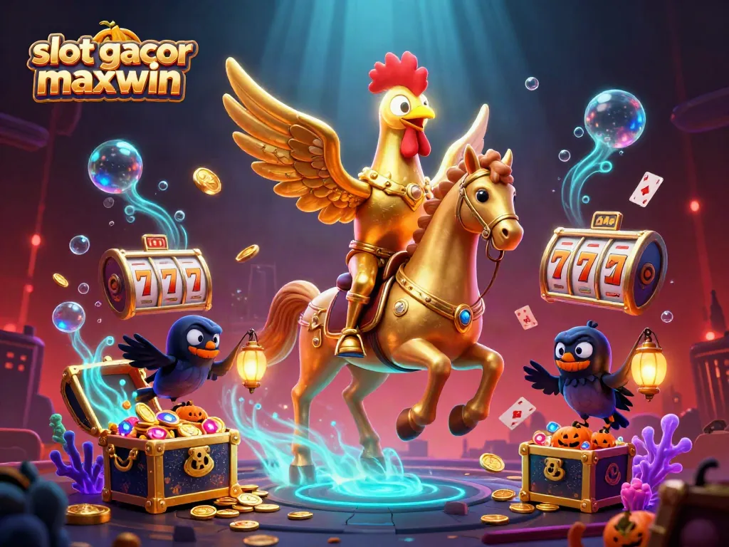 Experience the thrill of slot gacor maxwin with a dynamic casino adventure featuring golden rooster characters and vibrant game elements.
