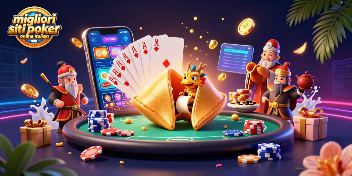 Migliori siti poker online italiani con un tavolo da poker e un drago saggio che legge un messaggio fortunato.